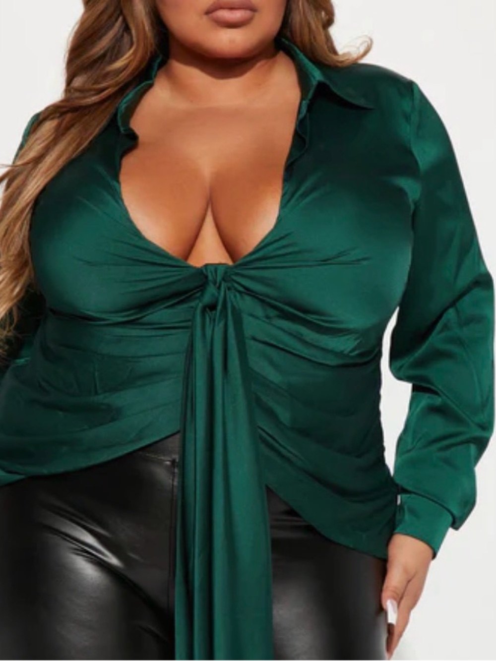 Emerald Satin Tie-Front Blouse